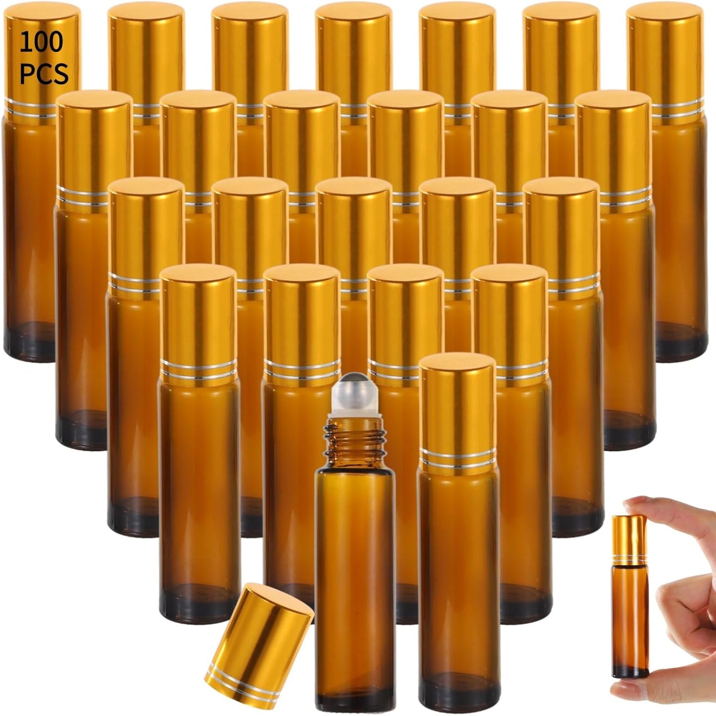 100 PCS 10 ml Amber Roller Bottles for Essential Oils - Empty Brown Glass Bottle, Refillable Roll on, Portable Travel Perfume Leakproof With Stainless Steel Ball