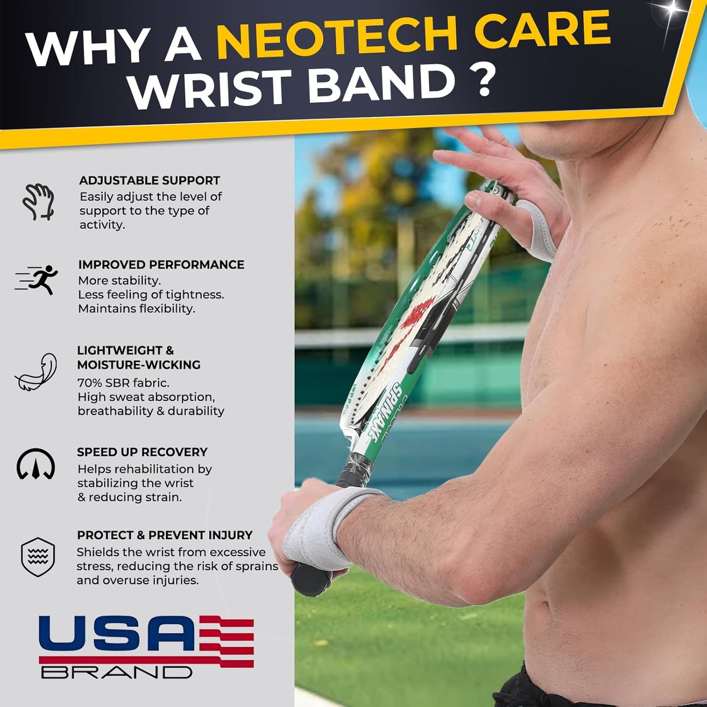 NeoTech Care Wrist Band - Elastic & Breathable Fabric - Adjustable Compression Strap - Men, Women, Right or Left - Support Wrap for Protection or Sports (Gray Color, Size M, 1 Unit)