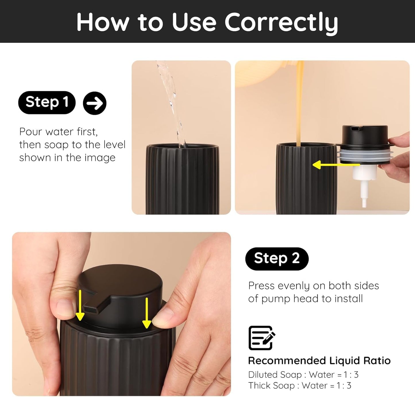 Segbeauty 2pcs Black Foaming Hand Soap Dispenser Pump Replacement, Foam Soap Dispenser Pump Head for Ceramic Dispensers Bottle Kitchen Sink, Pumps Replacement for Bathroom Shampoo Body Wash Container