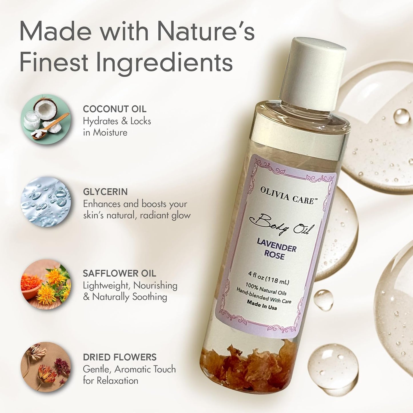 Olivia Care Body Oil Lavender Rose Vegan & Natural Perfume Oil For Women | Hydrating After Bath Oil- Infused with VITAMIN E, K & Omega Fatty Acids - Reduce Dry Skin, Anti-Aging (Lavender Rose)