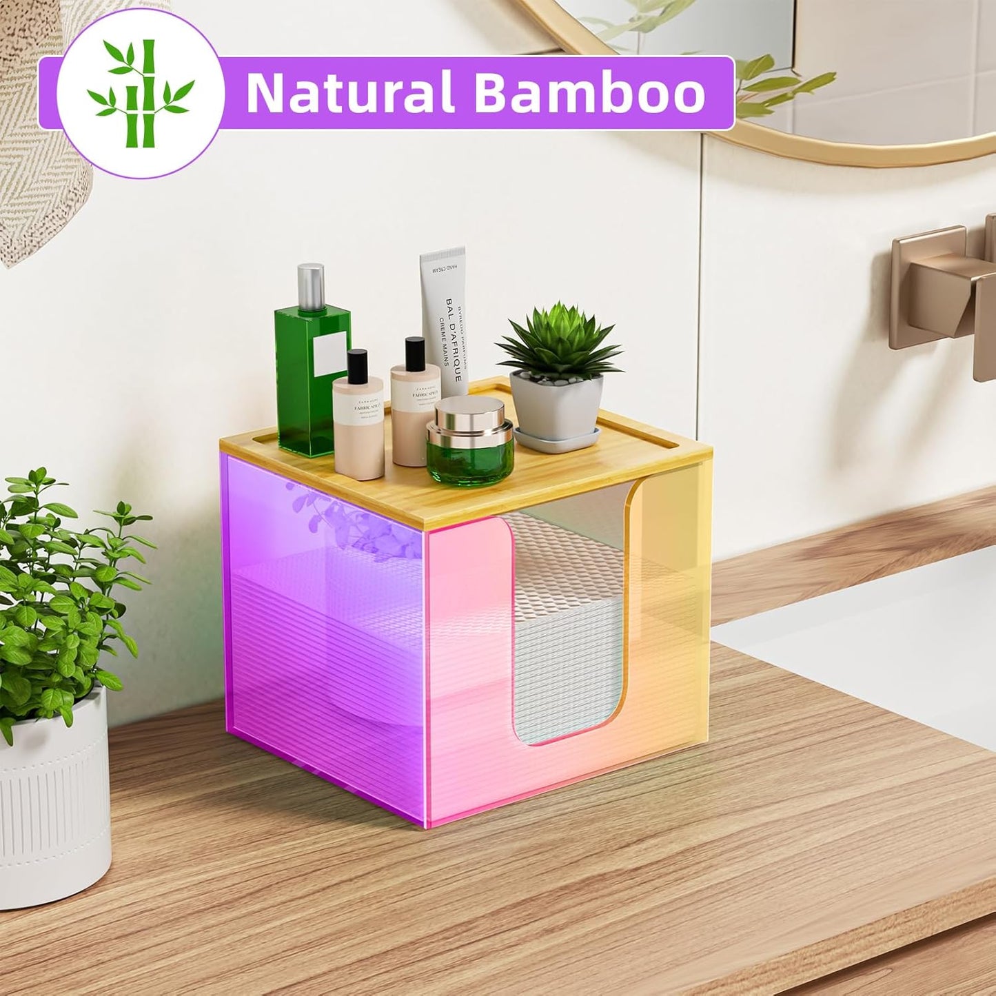 VITVITI Disposable Face Towel Holder Box, Acrylic Facial Towel Container for XL Clean Skin Club, Large Disposable Face Towels Storage with Bamboo Lid, for Bathroom, Vanity Makeup, Rainbow