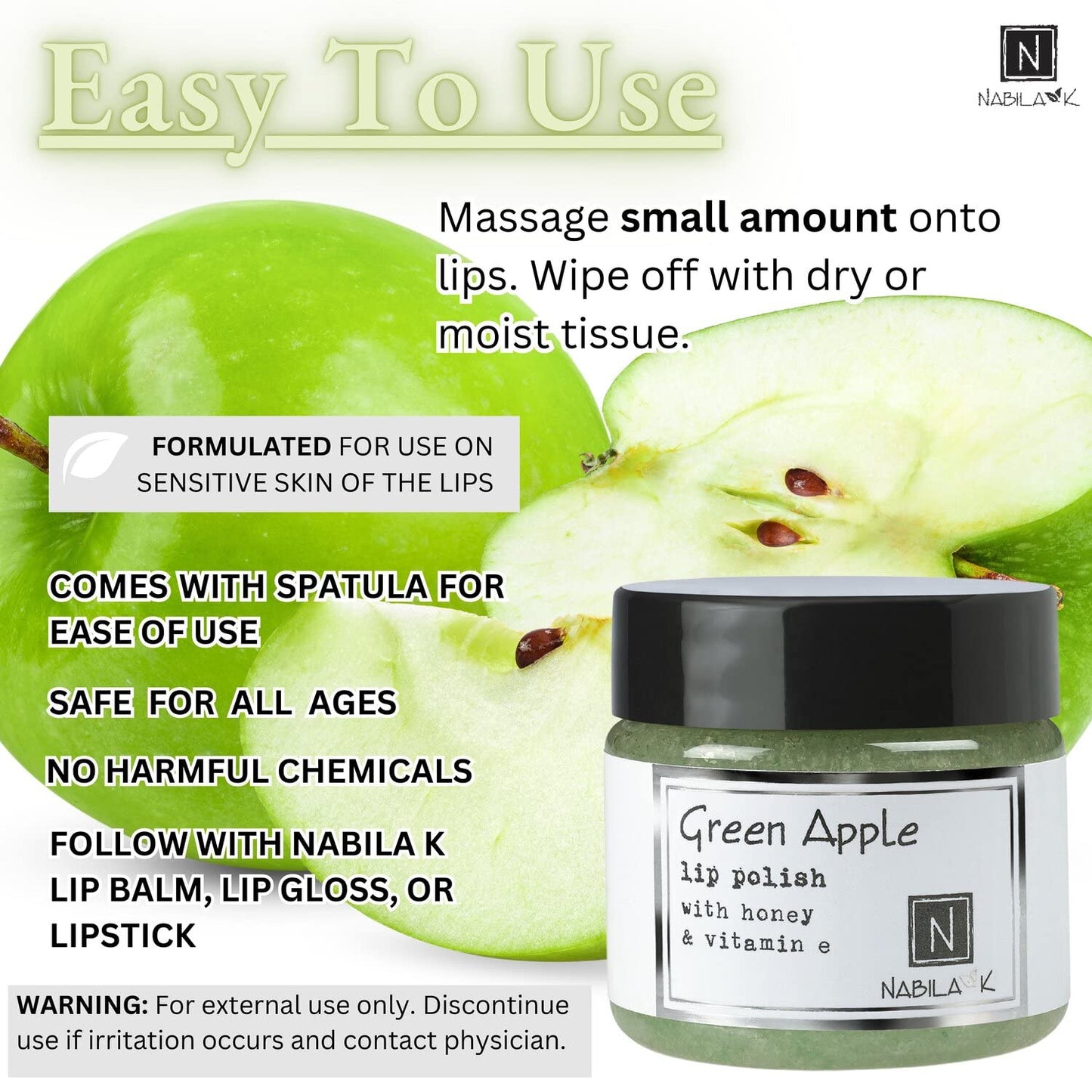 Green Apple Lip Polish, 1 oz by Nabila K - Hydrating Lip Exfoliator & Moisturizer with Honey and Vitamin E for Dry and Chapped Lips - Cruelty-Free, Real Sugar, Made in USA