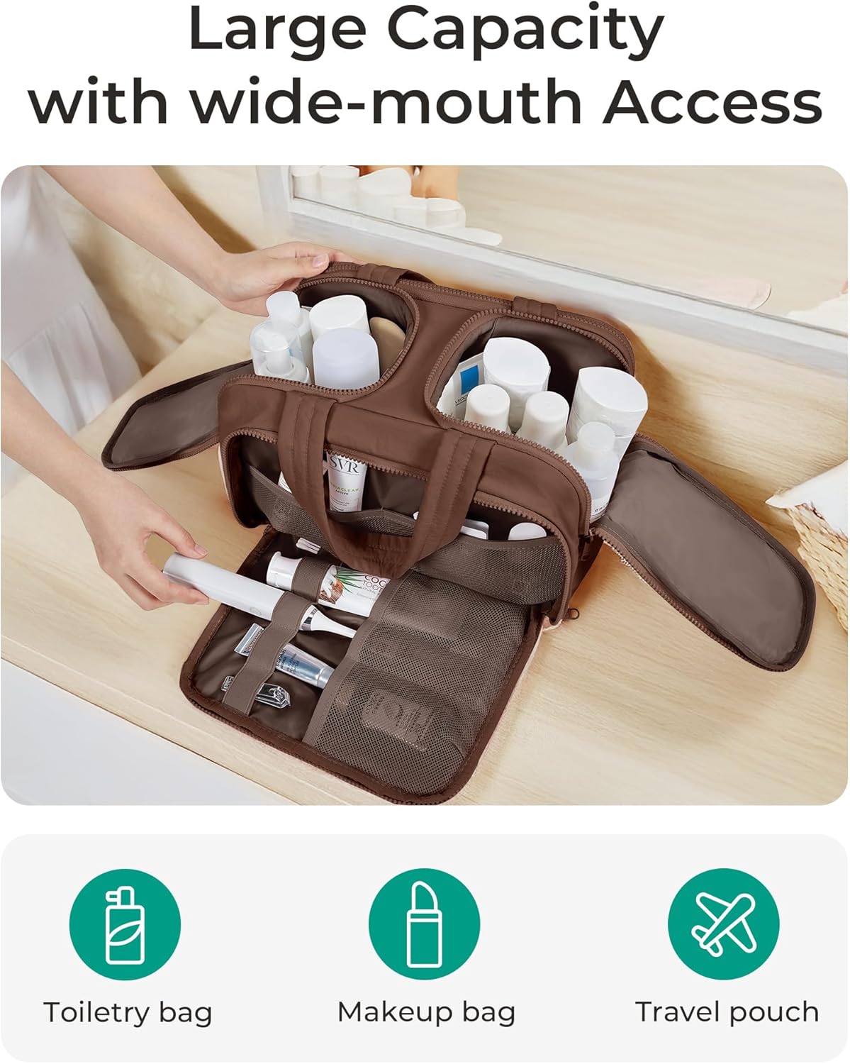 BAGSMART Travel Toiletry Bag, Puffy Toiletry Bag for Women, Wide-open toiletry bags for traveling, Large Travel Cosmetic Makeup Bag Organizer for Accessories,Toiletrie (Coffee Brown)