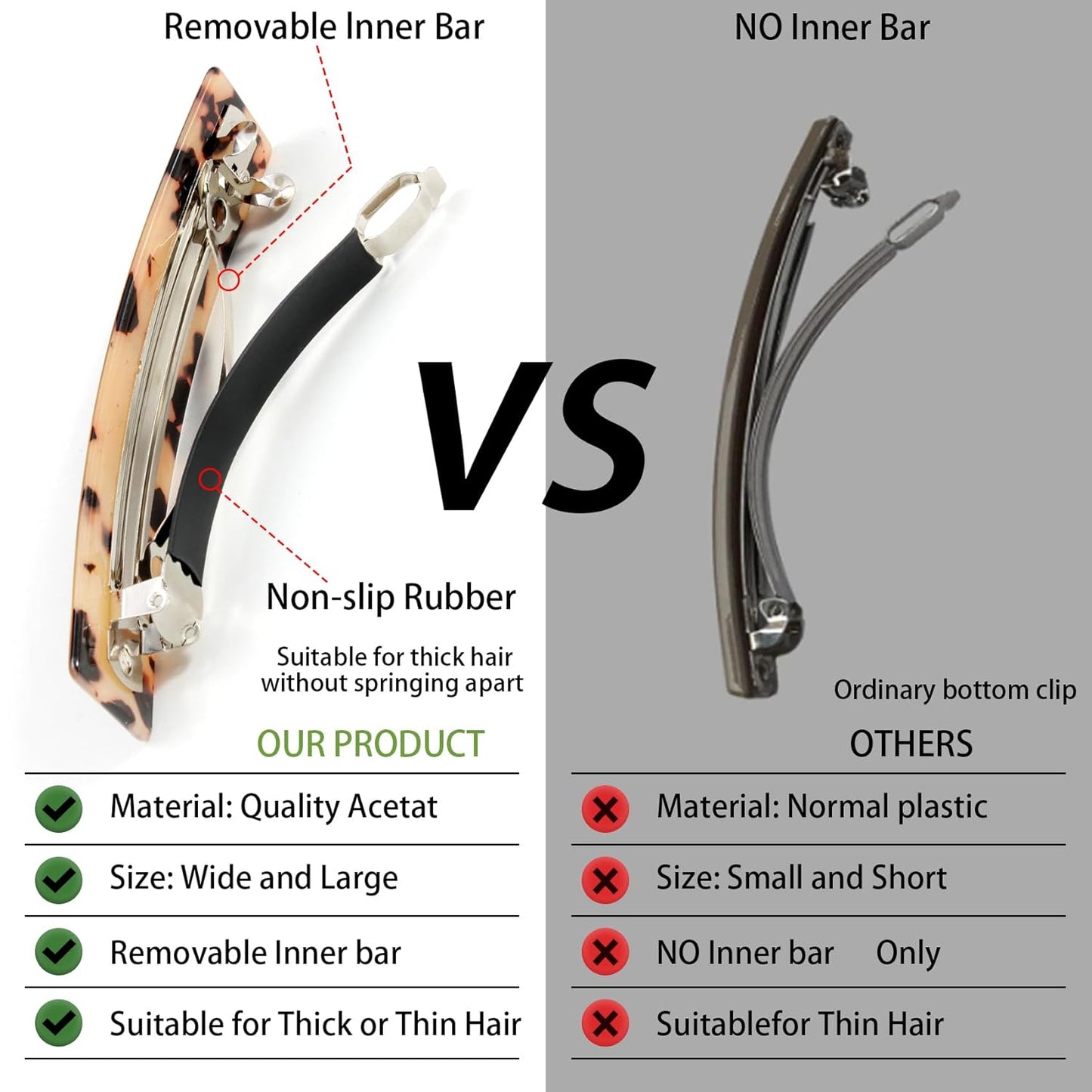 Hair Barrettes for Women - 4.13 Inch Tortoise Shell Acetate Hair Clips, Large French Retro Hair Clasps and Accessories for Thick Hair (3 Pcs)