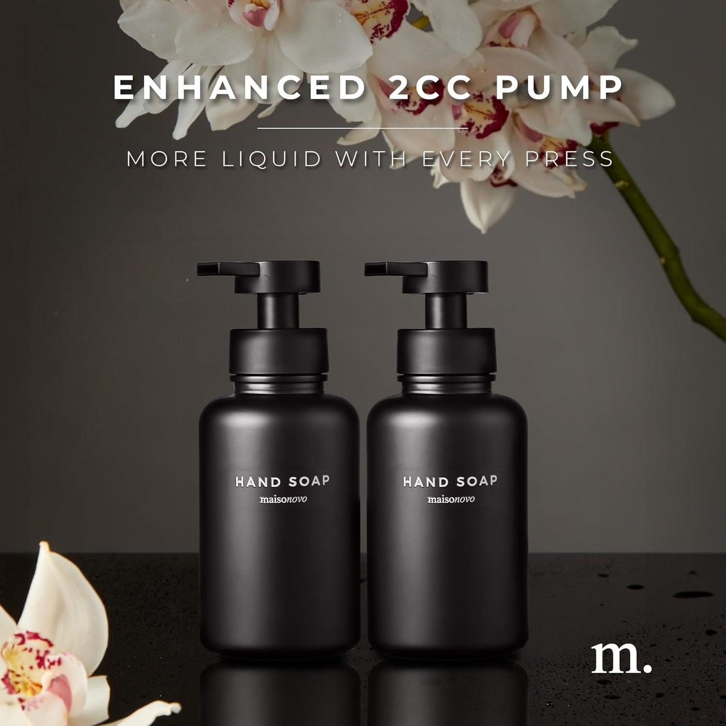 MaisoNovo Glass Foaming Soap Dispenser 14 Oz | Black Glass Black Pumps x 2