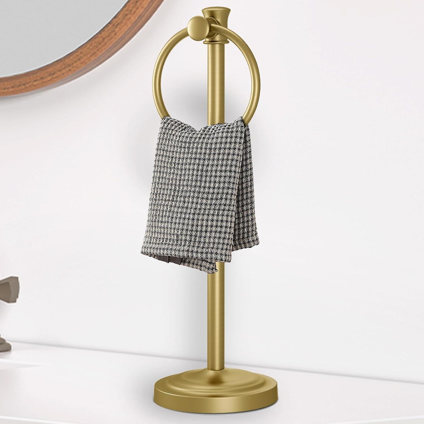 Hoimpro 17 Inch Stand Hand Towel Holder Towel Bar Towel Hanging Ring, Free Standing Floor Hand Towel Rack Storage for Bathroom Kitchen Vanity Countertops, Hardware Accessories(Brushed Gold)