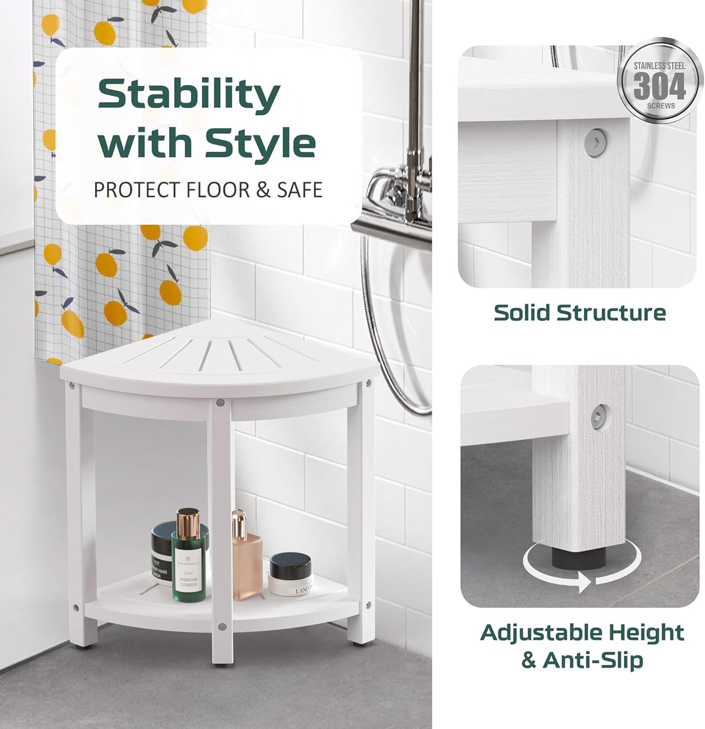 Corner Stool for Inside Shower Waterproof, HIPS Poly Lumber Shower Bench Seat Chair, Bath Shower Stool for Shaving Legs, Foot Rest with Adjustable & Non-Slip Feet, Load 400 lbs, White
