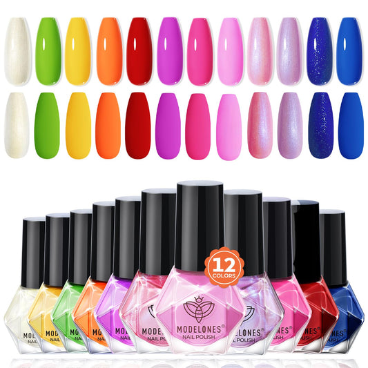 modelones Nail Polish Set, 12 Colors Neon Pink Red Blue Orange Spring Summer Quick Dry Mini Starter Kit, Long Lasting Art DIY Manicure Set at Home for Women Girls