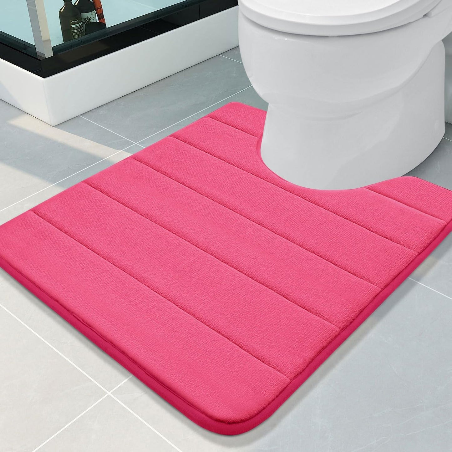 Buganda Memory Foam U-Shaped Contour Toilet Rugs, Non Slip Absorbent, Thick Soft Washable Bathroom Mat, Floor Carpet Bath Rugs Mat for Toilet Base (24" x 20", Deep Pink)