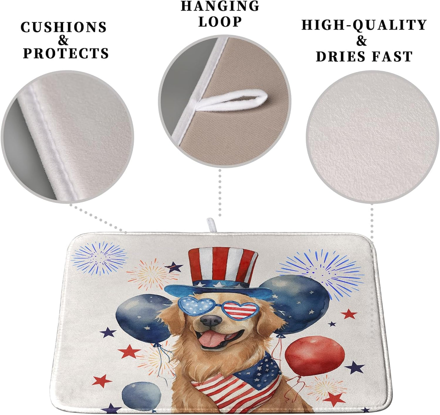 4th of July Patriotic Dog Dish Drying Mat 16 x 18 Inch US Independence Day Blue White Red Kitchen Drying Mat Firework Holiday Dish Drainer Mats Super Absorbent Dish Rack Pad for Kitchen Counter