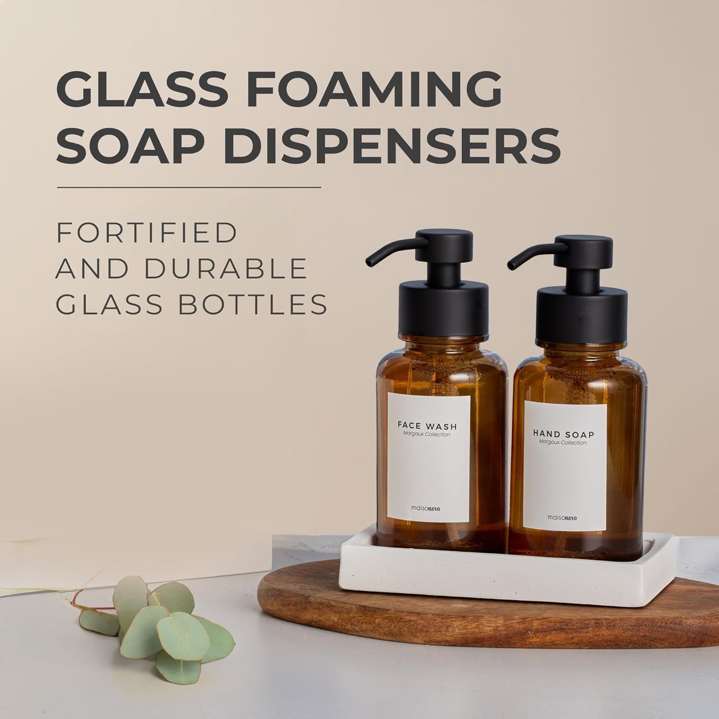 MaisoNovo Glass Foaming Soap Dispenser 14 Oz | Amber Glass Black Pumps x 2 with Tray