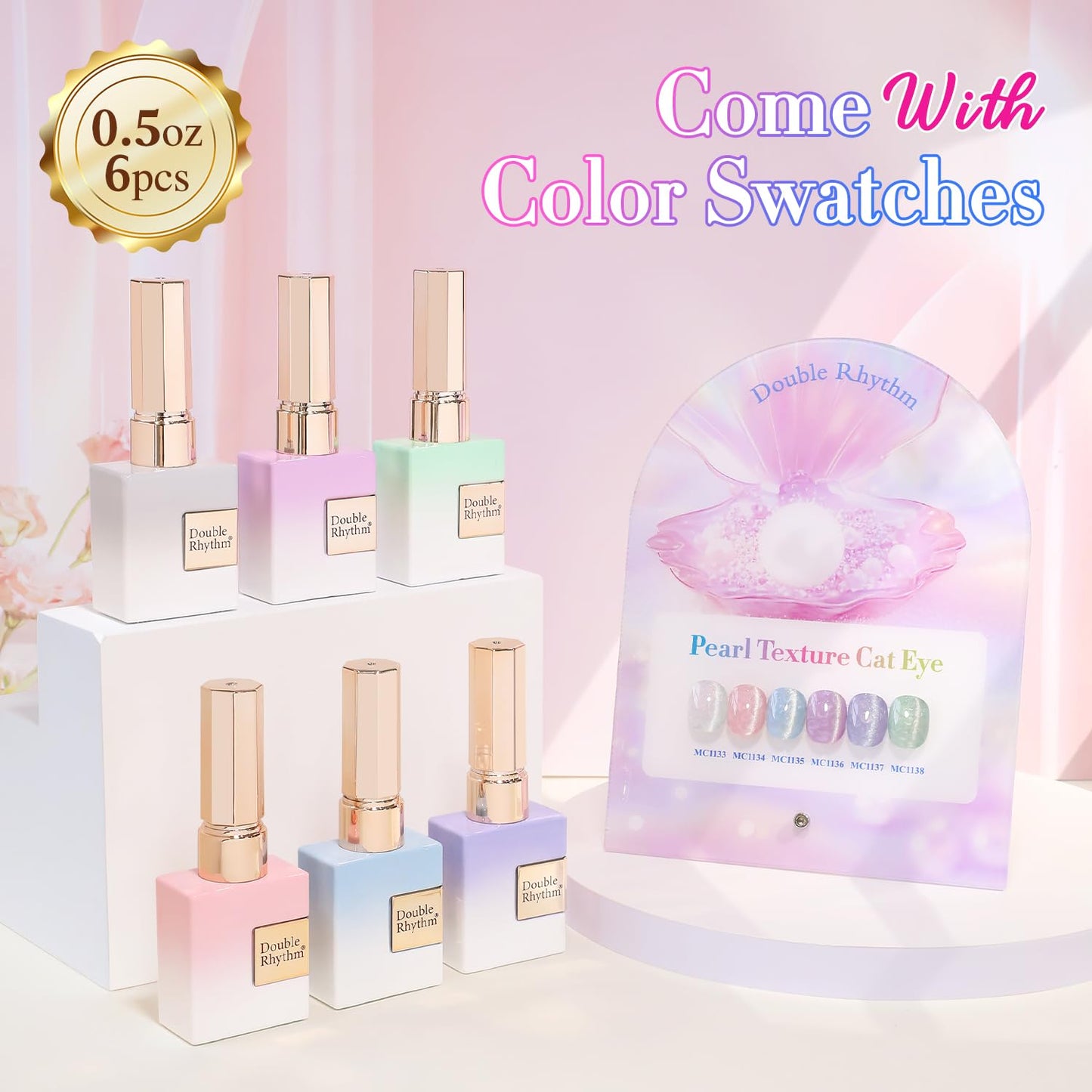 Double Rhythm Cat Eye Gel Nail Polish Set of 6 Same Color Same Bottle 0.5 Oz Shimmer Glitter with Magnet Holographic Reflective Magnetic UV Nail Polish Kit (Pearl Pink Blue Green Purple-T6-36)