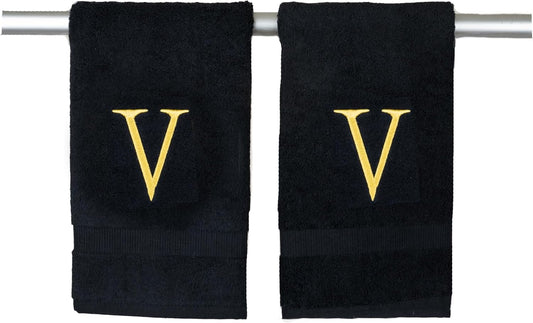 Black Initial Hand Towel for Bathroom - Monogrammed Luxury Hotel Quality Decorative Embroidered Towel for Powder Room, Spa - GOTS Organic Certified - Pack of 2, Letter V