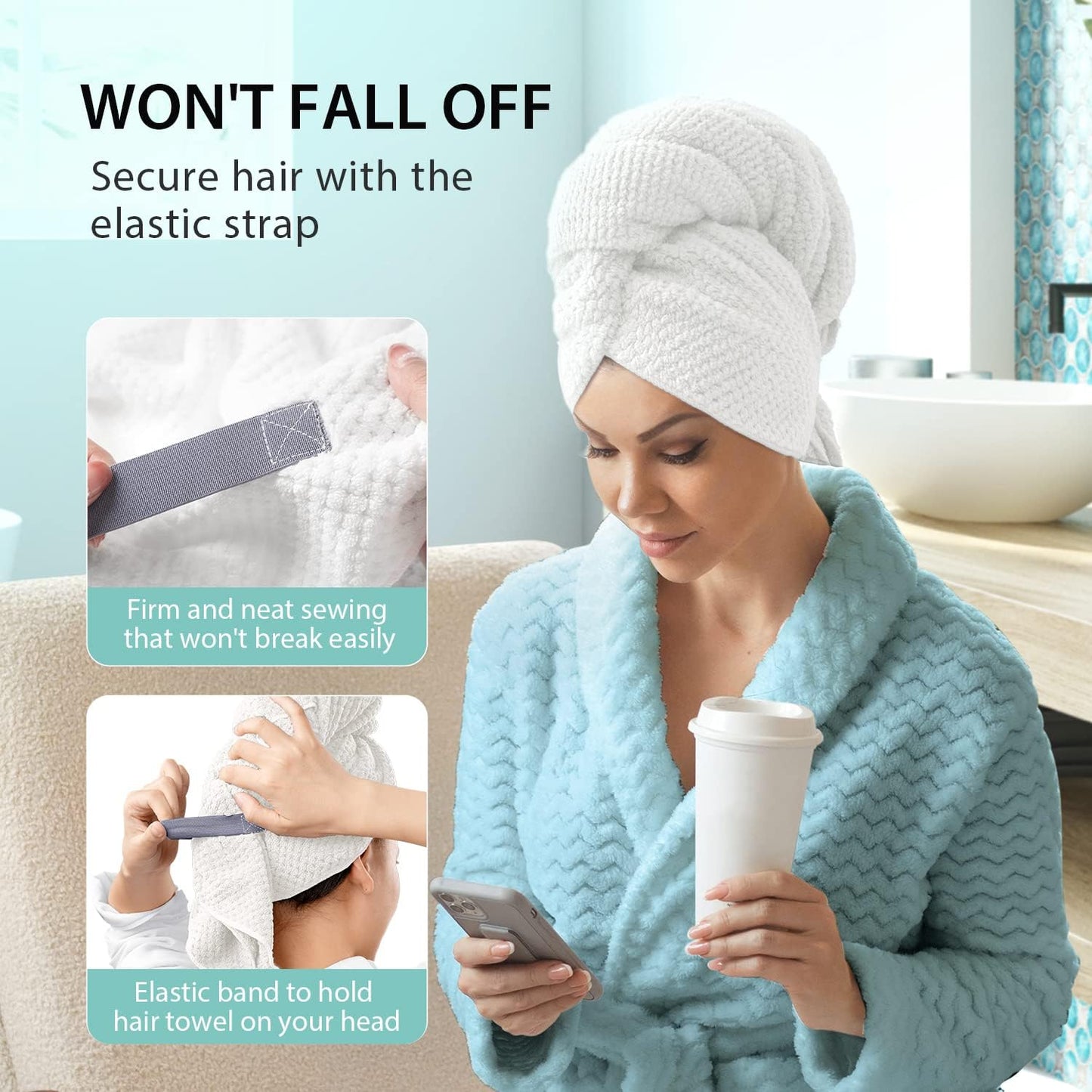 YFONG X-Large Hair Towel Wrap for Women, Super Absorbent Microfiber Hair Towel for Curly Hair, Fast Drying Hair Turbans with Elastic,Hair Drying Towel Wrap for Hair Care 30" X 40" (White)