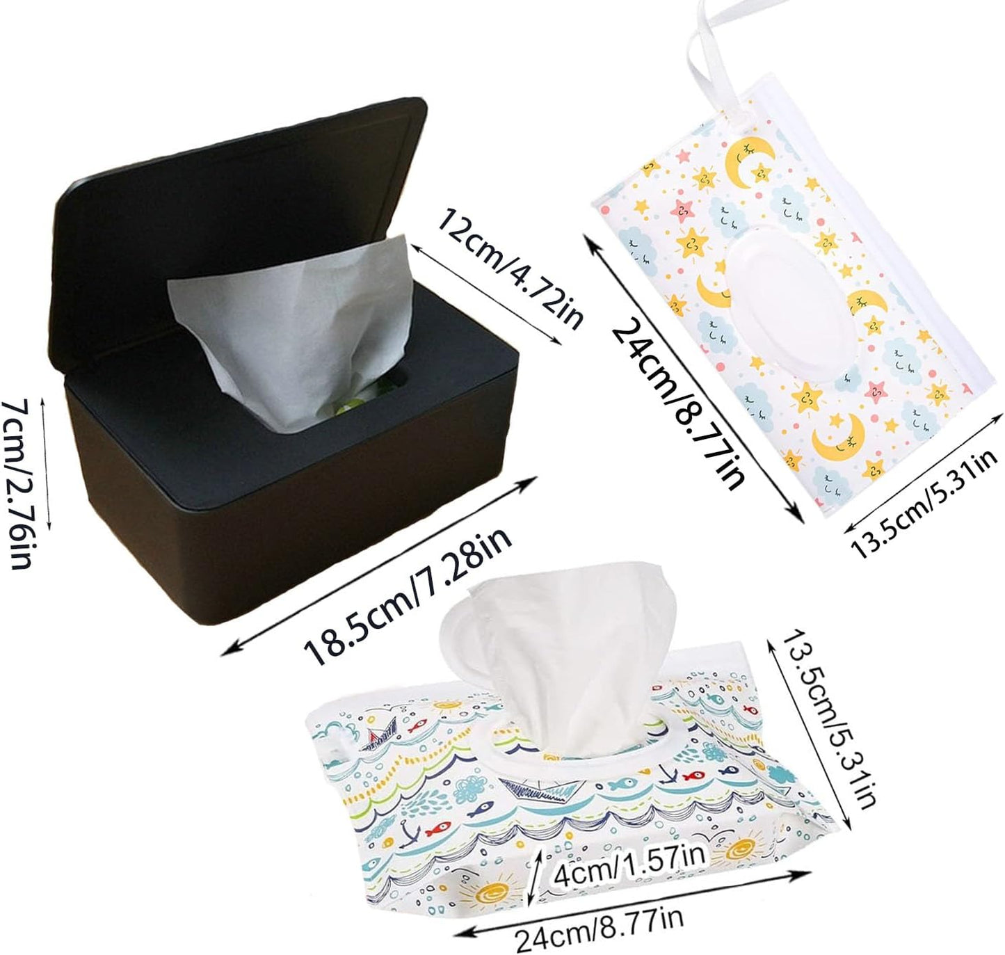 Wipes Dispenser with 2Pcs Portable Refillable Wipe Holder,Reusable Large Wipe Holder Box Flushable Wipes Case Bathroom Wipes Container for Pet Nursery Kitchen Office Counter(Black)