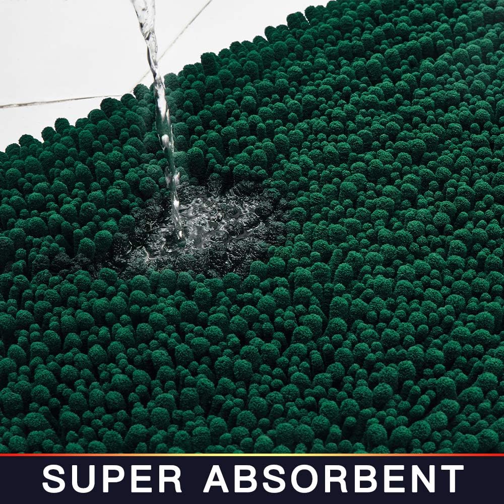 Walensee Large Bathroom Rug Non Slip Bath Mat (24x60 Inch Hunter Green) Water Absorbent Super Soft Shaggy Chenille Machine Washable Dry Extra Thick Perfect Absorbant Best Plush Carpet For Shower Floor