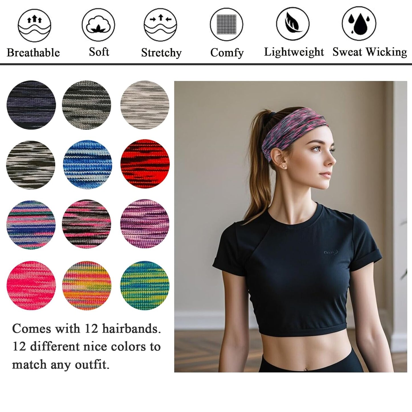 Headbands For Women 12 Pack Headband Yoga Elastic Head Bands Women's Hair Band Workout Soft Sweat Hairbands Accessories