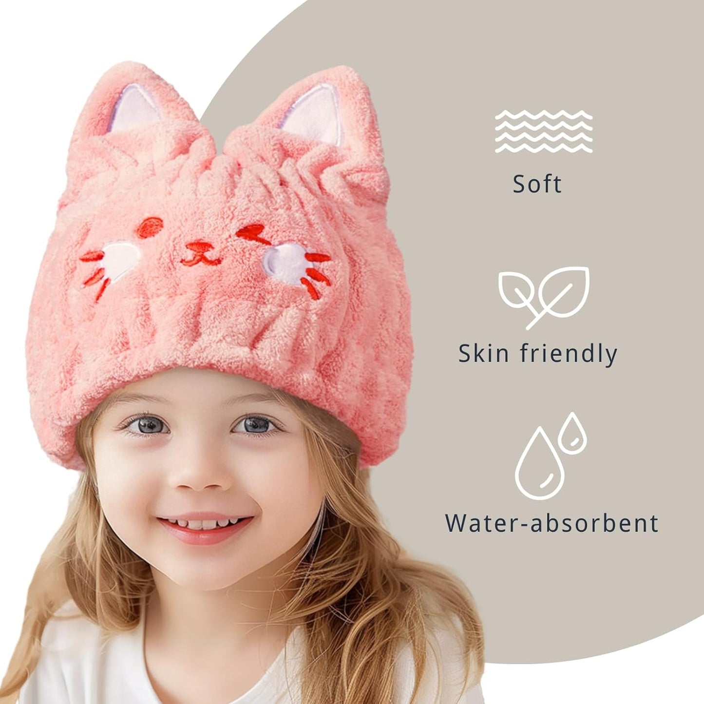 Microfiber Hair Towel Wrap for Kids, Pink Cat Dry Hair Cap Suck Water, Absorbent Quick Girls Boys Hair Drying Towel, Lightweight Bouncy Hat Headscarf