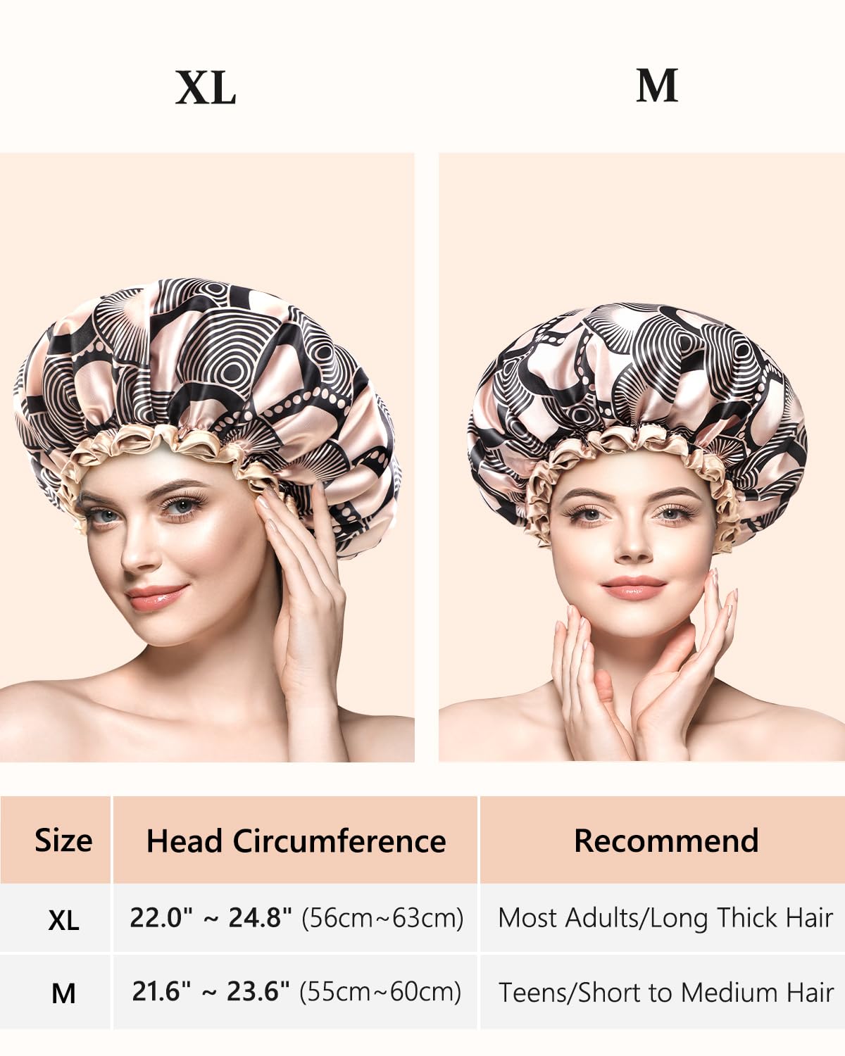 mikimini Medium Shower cap for Women and Girls,Champagne Shower Caps with Lace, Pack of 2,Double Layer Waterproof, Reusable, Washable, High-quality