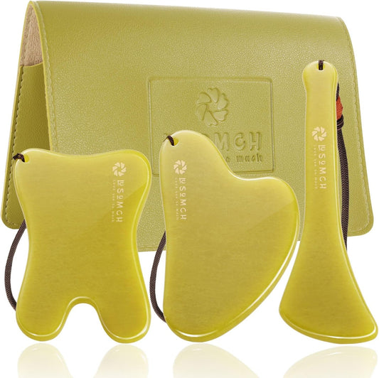 3 Piece Guasha Tool for Face Lymphatic Drainage Massager for Body Green Gifts Real Jade Gua Sha Set Comes with A Beautiful Carrying Pouch Spa Day Essentials