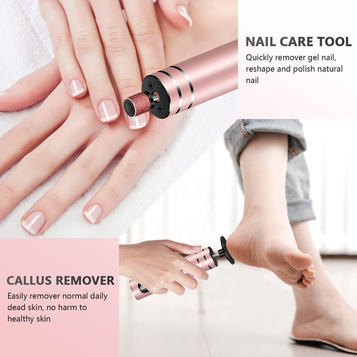 EAONE Portable Electric Foot File-Callus Remover for Feet, Professional 2 in 1 Foot/Nail Filer -Digital Display for Battery Level & 9 Speed Control-Rechargeable Pedicure Tool for Dead Skin (Rose Gold)
