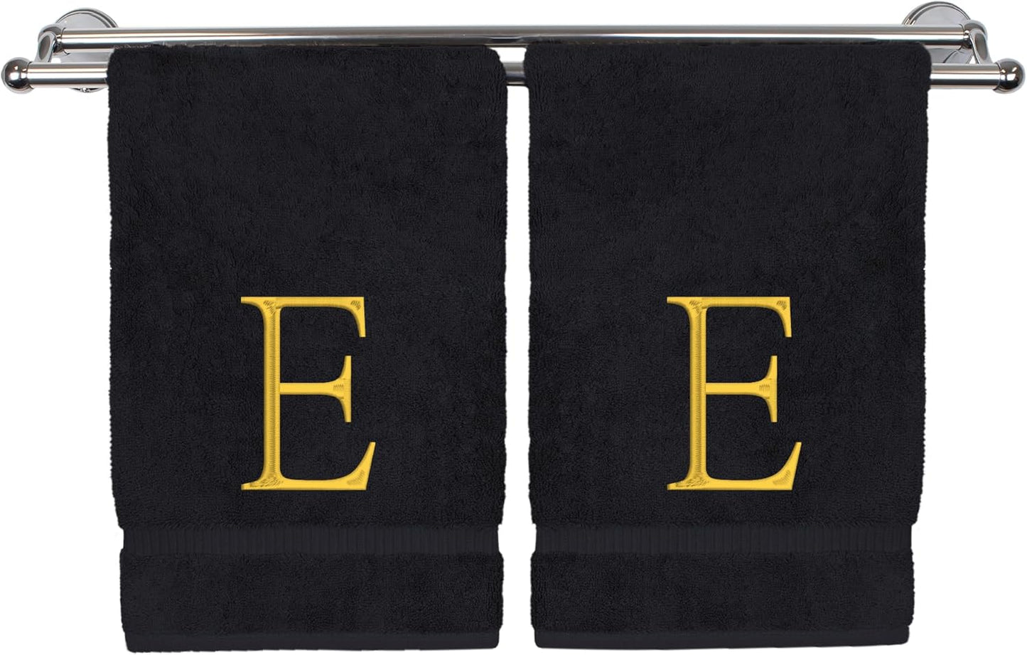 Monogrammed Hand Towel, Personalized Initial Gift, Extra Absorbent 100% Turkish Cotton - Soft Terry Finish - Set of 2 - Gold Block Initial E - Embroidered on Black Towels