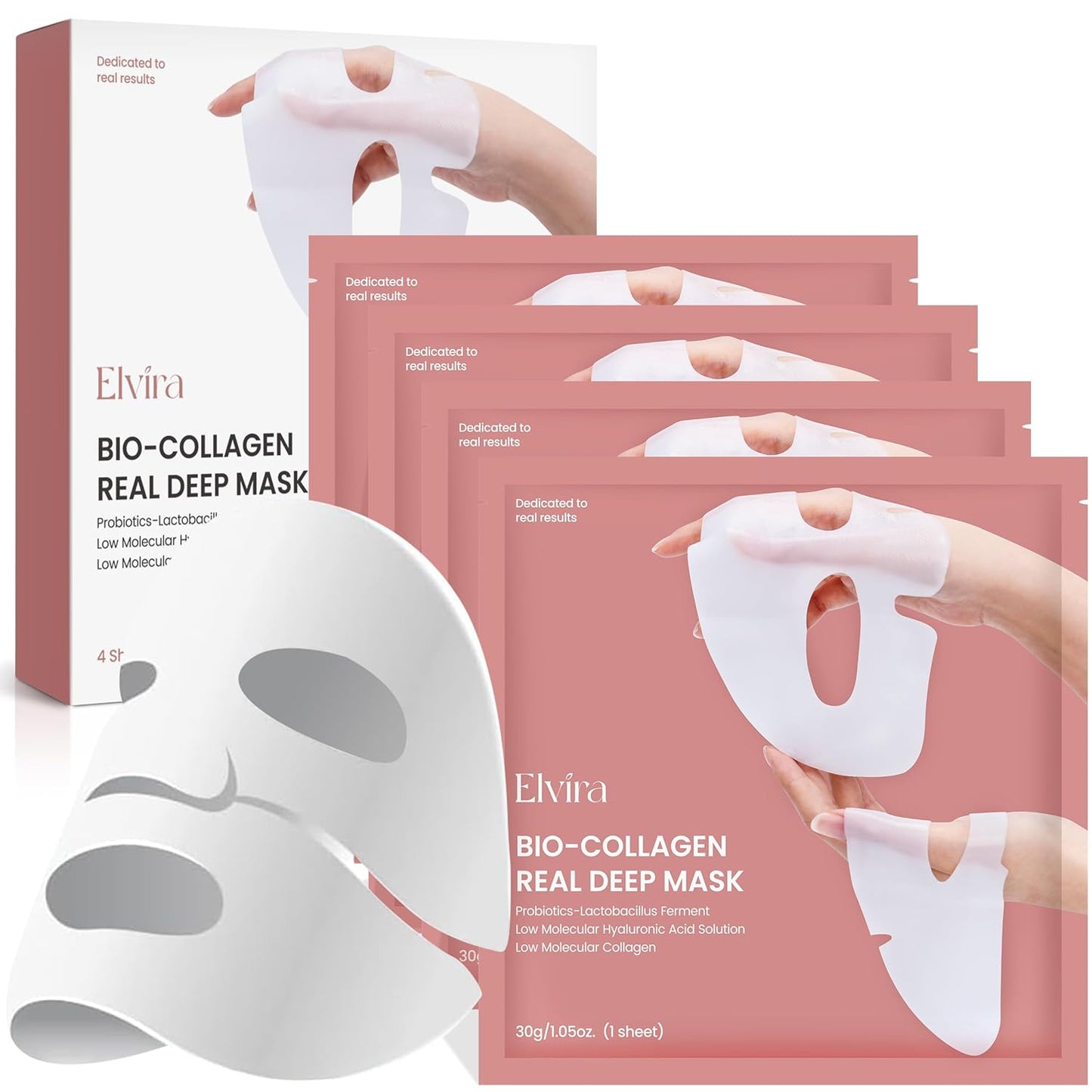 Elvira Bio-Collagen Face Mask - Deep Hydrating Overnight Face Mask, Korean Skincare, Facial Treatments & Masks for Women - Firming and Moisturizing, 4-Pack