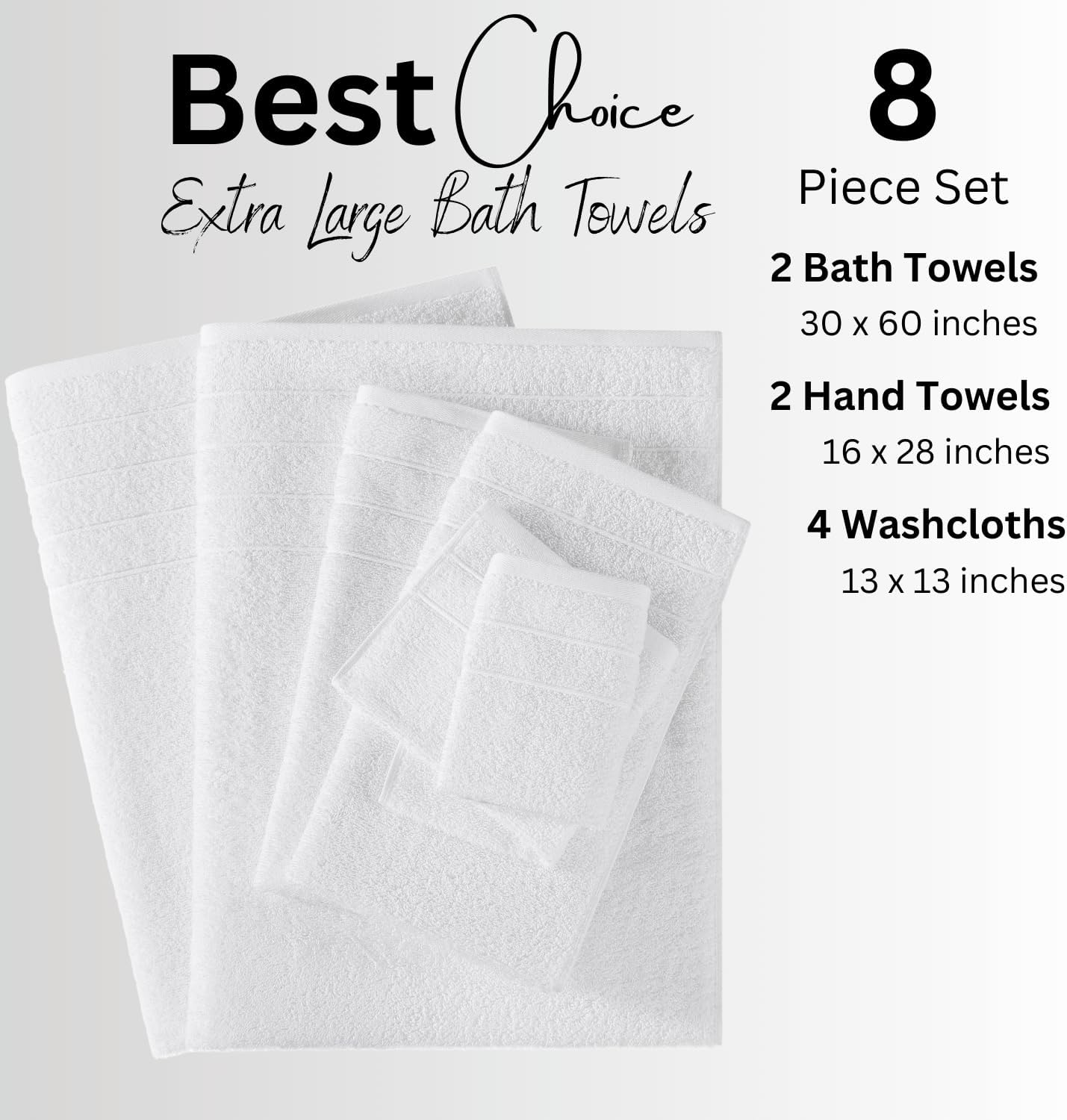 Casa Platino 100% Cotton Luxury Bathroom Towel Set - 8 Pcs - Super Soft, Fluffy & Highly Absorbent - 2 Large Bath Towels, 4 Washcloths, 2 Hand Towels - Complete Family Pack - White Bath Towel Set