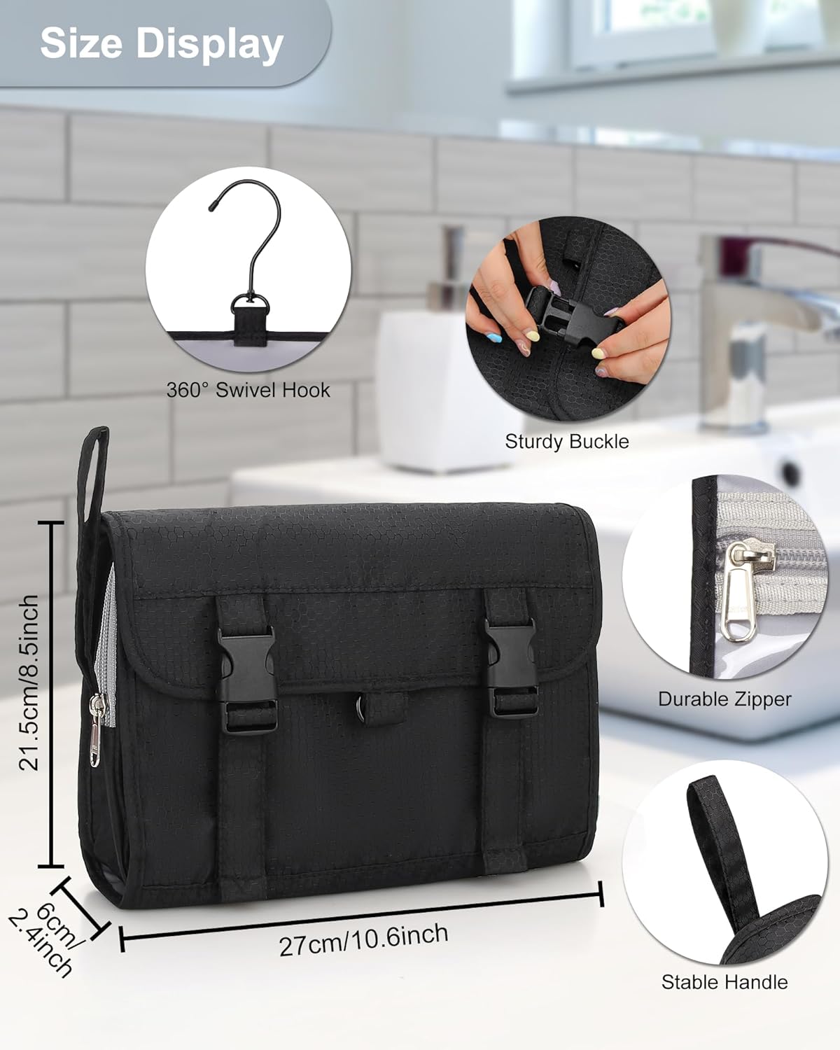 Relavel Travel Hanging Toiletry Bag for Men Women Travel Kit Shaving Bag Waterproof Large Makeup Bag Wash Bag Makeup Organizer Cosmetic Case for Bathroom Shower Black