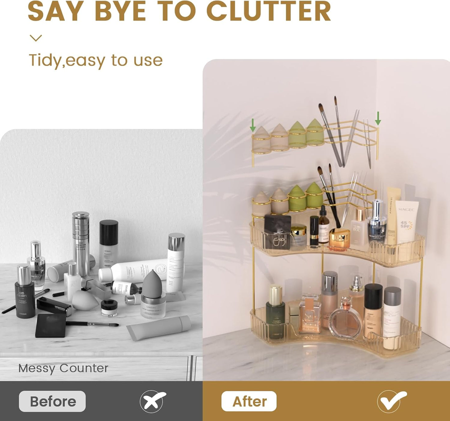 NATURE'S SOURCE Makeup Organizer for Vanity, 2-Tier Corner Bathroom Organizer Countertop with Makeup Brush Holder, Corner Counter Storage for Bathroom Dresser-Amber Gold