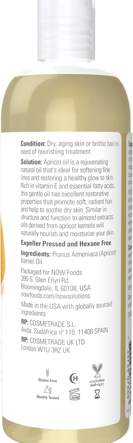 NOW Foods Solutions, Apricot Kernel Oil, Hair Moisturizer, Rejuvenating Skin Oil, Softens Fine Lines, 16-Ounce