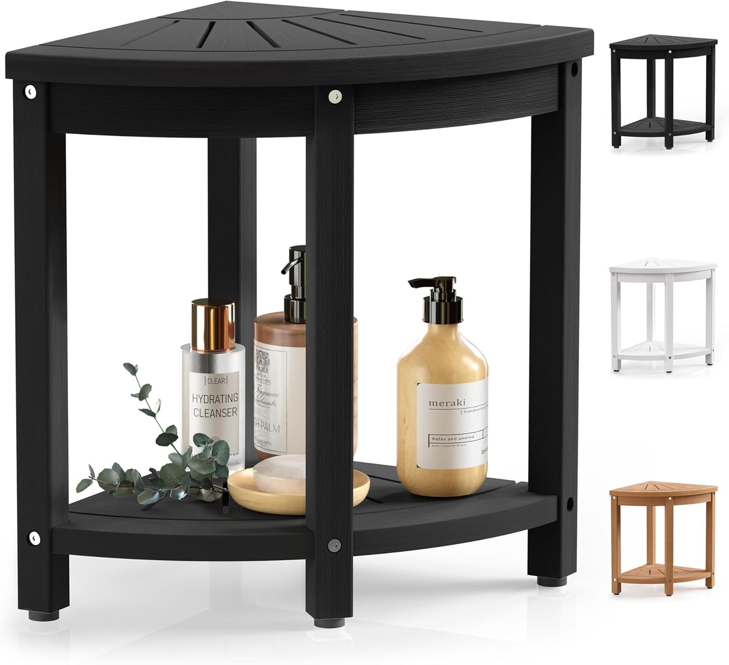 Corner Shower Stool for Inside Shower Waterproof, HIPS Poly Lumber Shower Bench Seat Chair, Bath Shower Stool for Shaving Legs Foot Rest with Adjustable & Non-Slip Feet, Load 400 lbs, Black