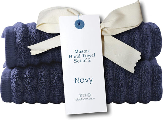 Blue Loom Ribbed Hand 2 Towels Set, 100% Cotton 600GSM, Soft Absorbent Durable Quick Drying for Bathroom - Mason 2 Piece 18" x 30" - Navy