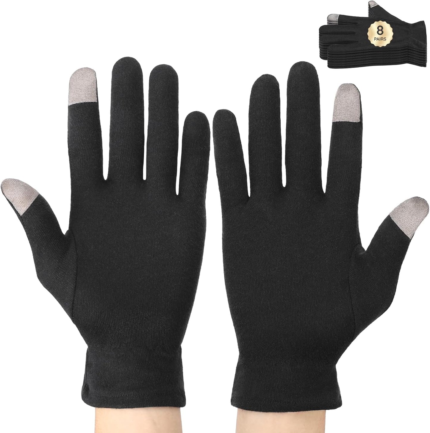 Segbeauty 16 Counts Elastic Cotton Work Gloves Black with Touchscreen Fingers, 8 Pairs Sleep Moisturizing Lotion Gloves Overnight for Women with Elastic Band, Spa Cotton Working Glove for Hand Care