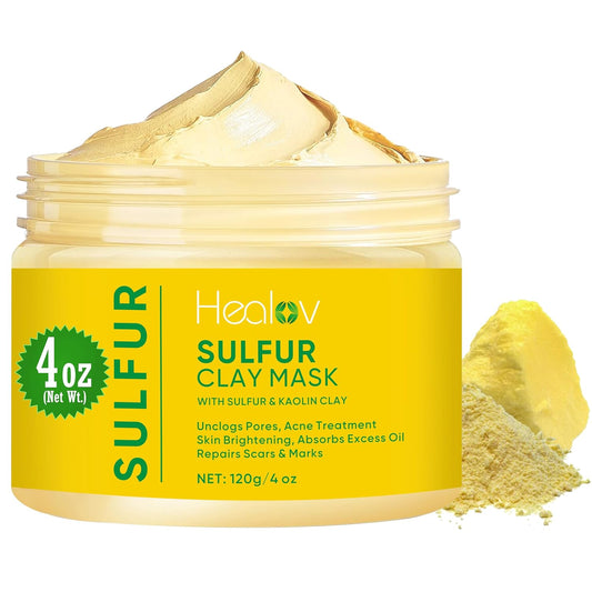 Sulfur Face Mask – All Natural Sulfur Facial Clay Mask – Glowing Skincare For Acne, Spots, Oily Skin – Sulfur Acne Cream Absorbs Excess Oil and Unclogs Pores – Kaolin Mask Treatment