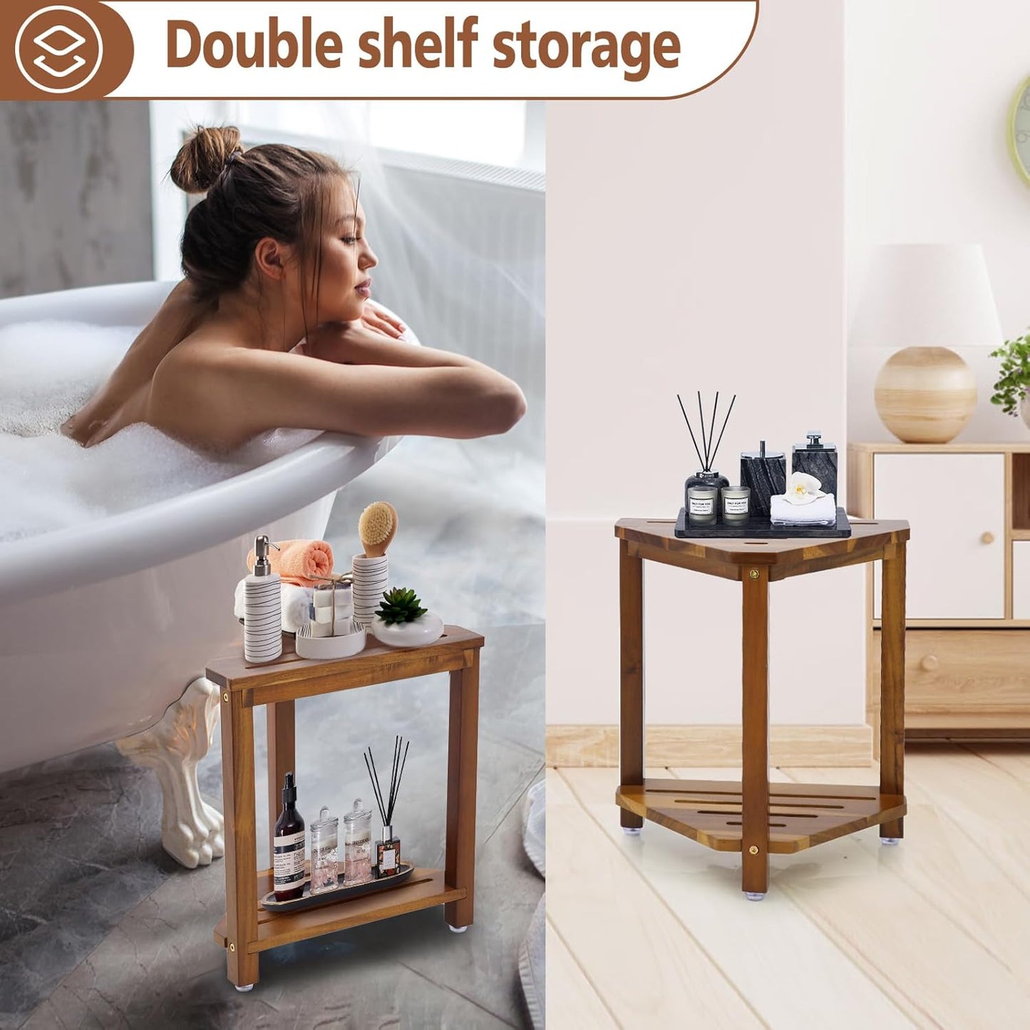 IBosins 16in Shower Foot Rest Corner Shower Stool for Shaving Legs with Storage Shelf Small Bench for Inside Shower to Sit on Bath Seat - Acacia Wood