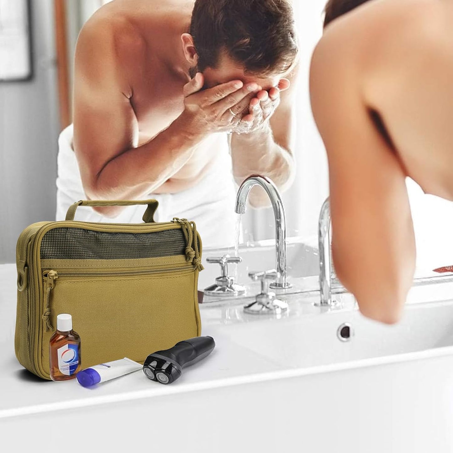 mens toiletry travel bag tactical toiletry bag hanging toiletry bag shower bag travel kit (Khaki)