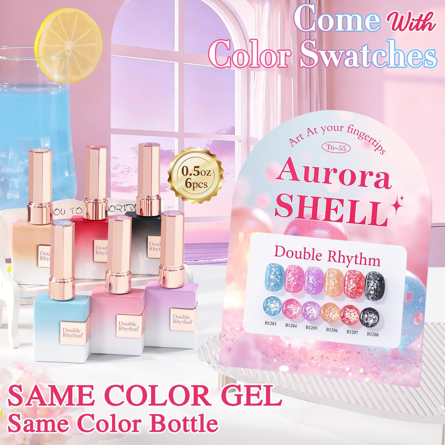 Double Rhythm 0.5 Oz Glitter Gel Polish Set of 6 Color with Display Borad 15 ml Full Size Kit Shimmer Reflective Sparkle Soak Off Manicure Salon DIY at Home (Black Red Pink Blue Orange Purple-T6-55)