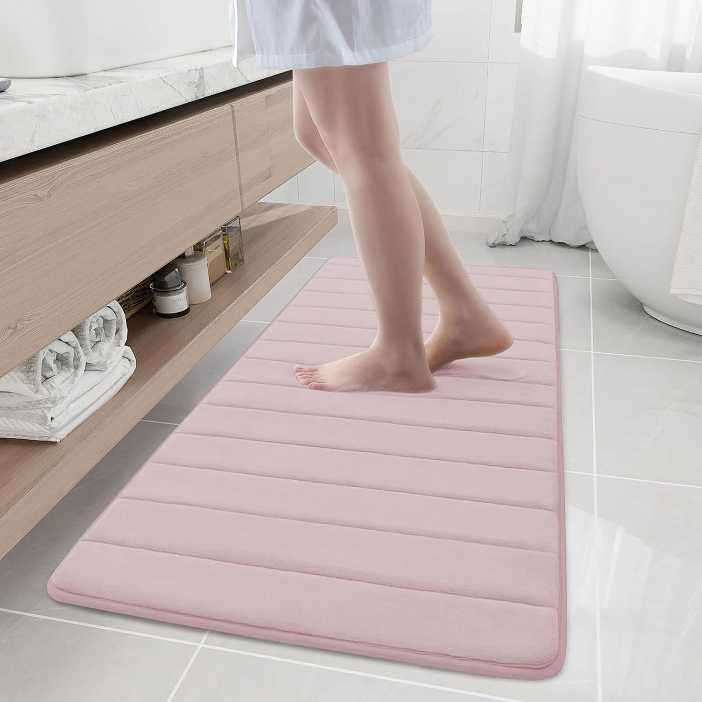 Buganda Memory Foam Bath Mat, 55" x 24", Ultra Soft and Non-Slip Bathroom Rugs, Water Absorbent and Machine Washable Bath Rug Runner for Bathroom, Shower, and Tub, Peach