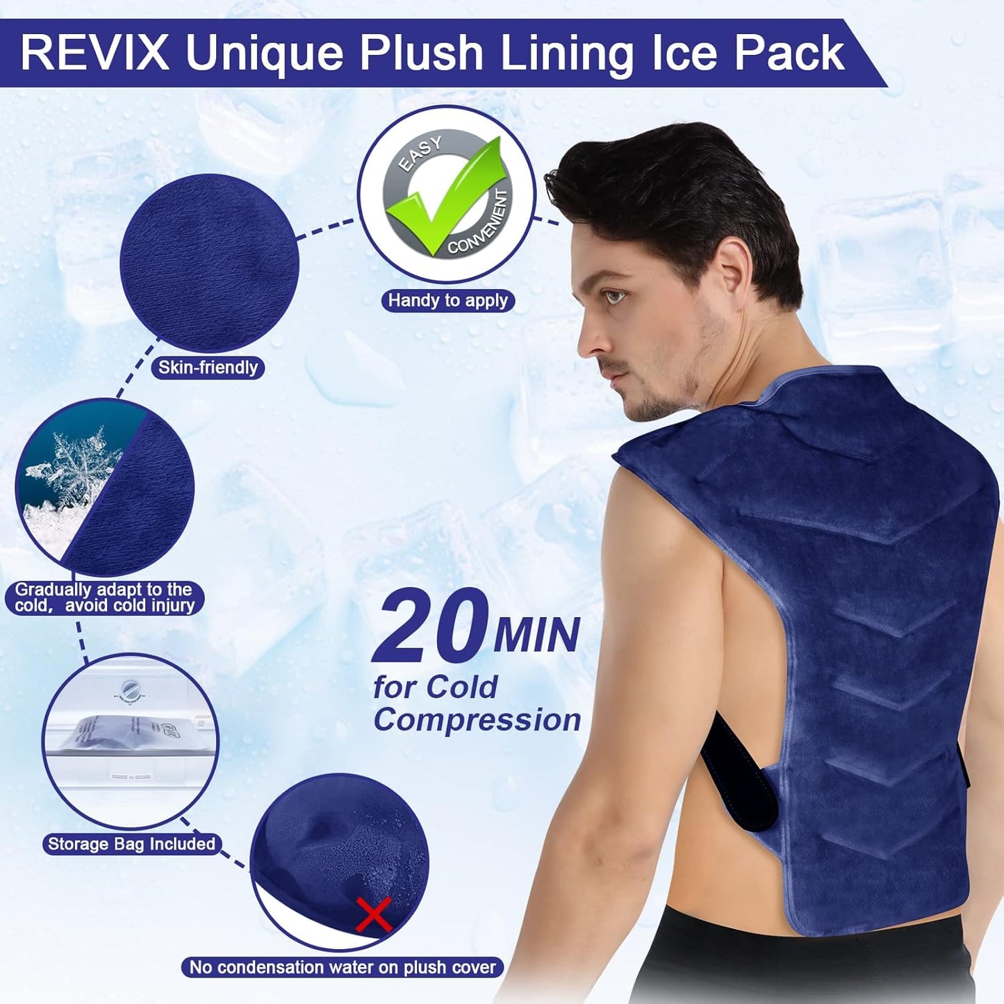 REVIX Large Ice Pack for Back and Shoulder Discomfort Relief, Reusable Gel Cold Pack for Full Back, Soft Plush Lining, Flexible and Long-Lasting, Navy