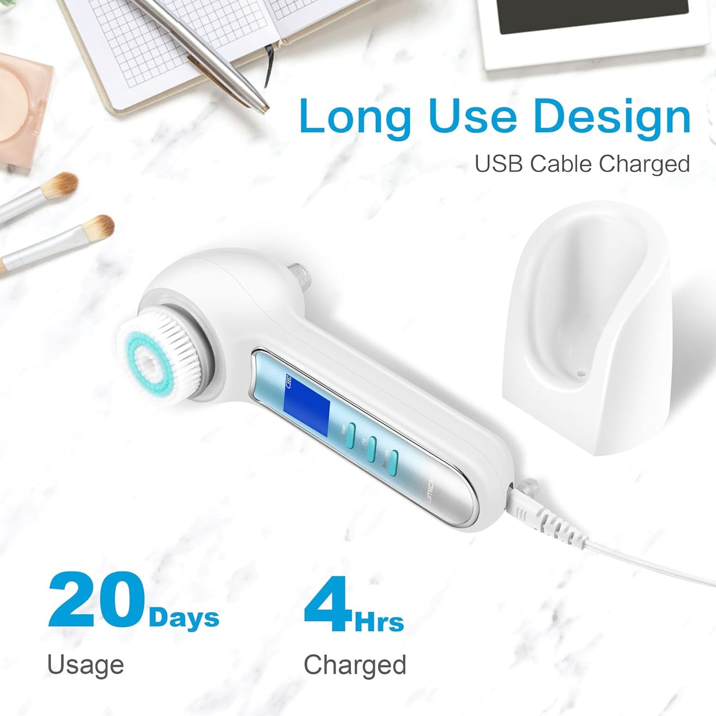 Face Scrubber Exfoliator,Facial Cleansing Brush Waterproof with LCD Screen,Blackhead Remover Vacuum with 5 Brush Heads,Face Spin Brush for Exfoliating (White-Blue)