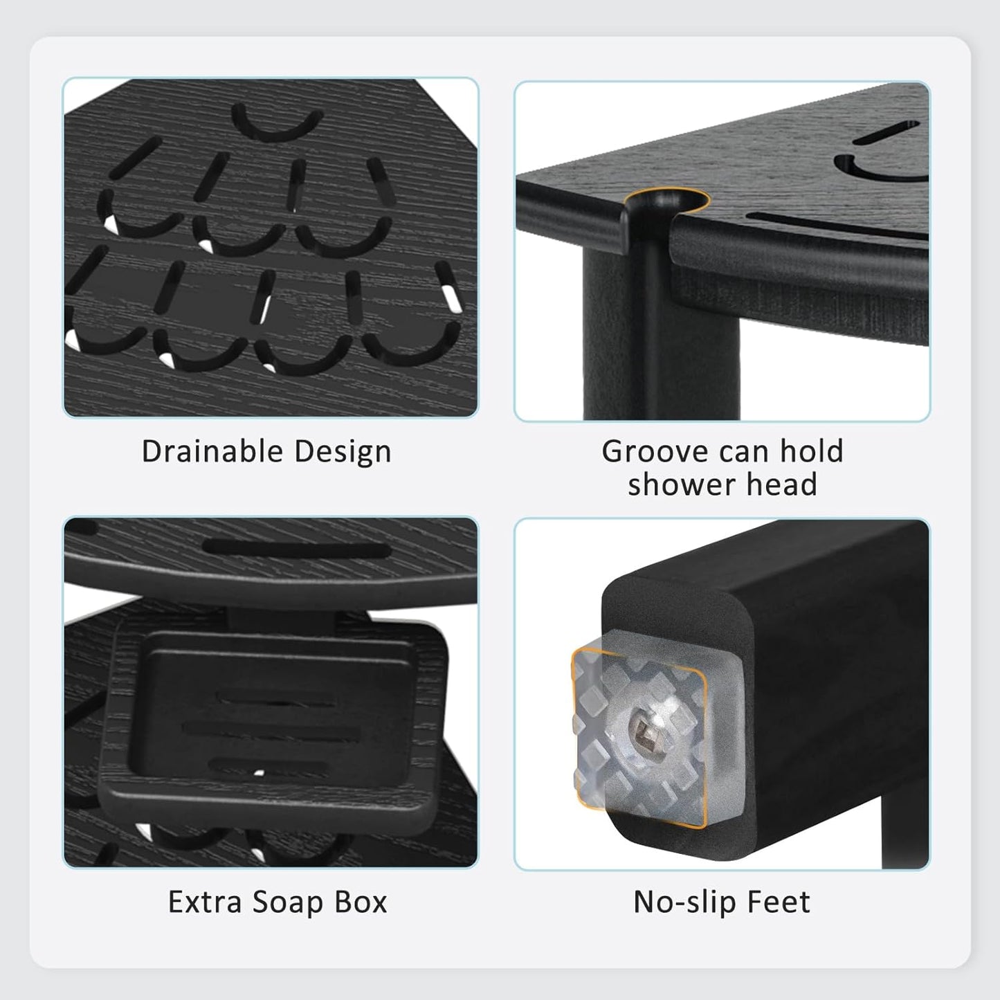 NALONE Corner Shower Stool, HDPE Shower Bench for Inside Shower, Small Shower Chair Seat for Shaving Legs with Storage Shelf, Soap Box and No-Slip Feet (Black)