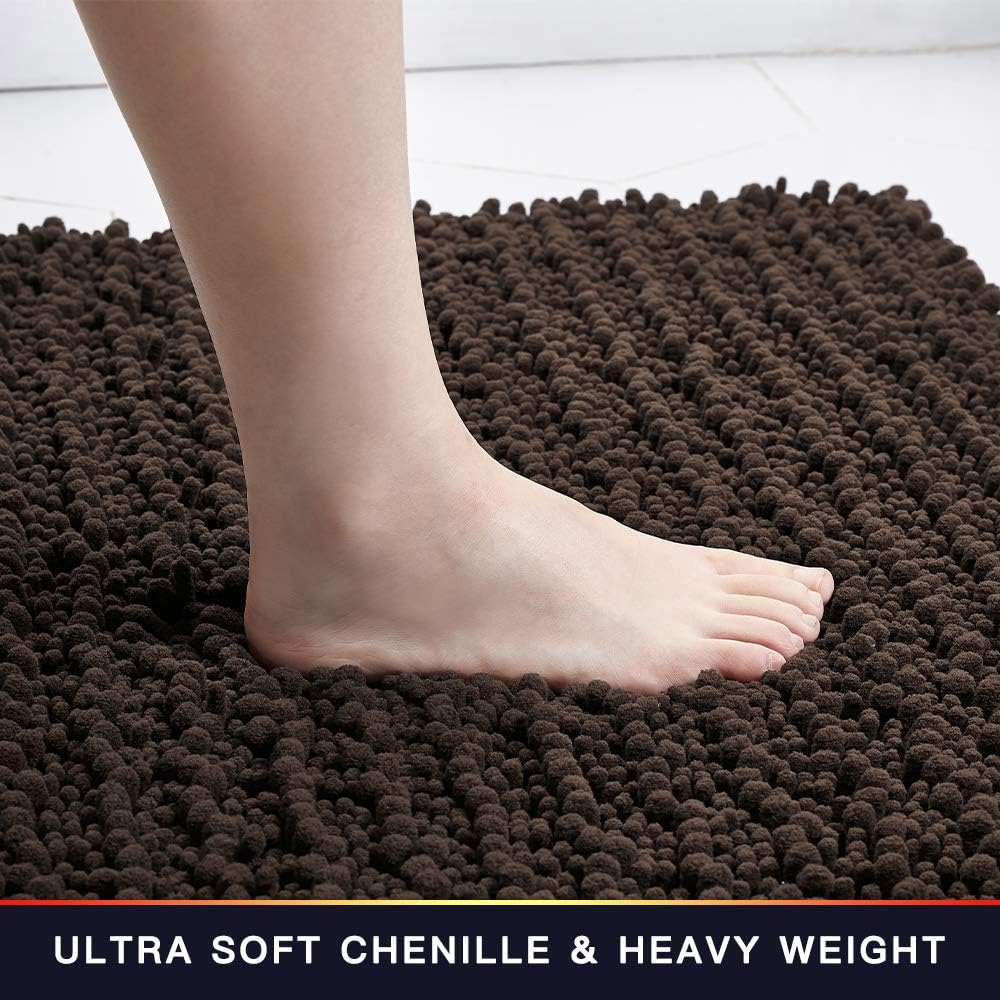 Walensee Bathroom Contour Rug Non Slip Toilet U Shaped Bath Mat (20x24, Brown) Water Absorbent Super Soft Shaggy Chenille Machine Washable Dry Extra Thick Perfect Absorbant Best Plush Carpet