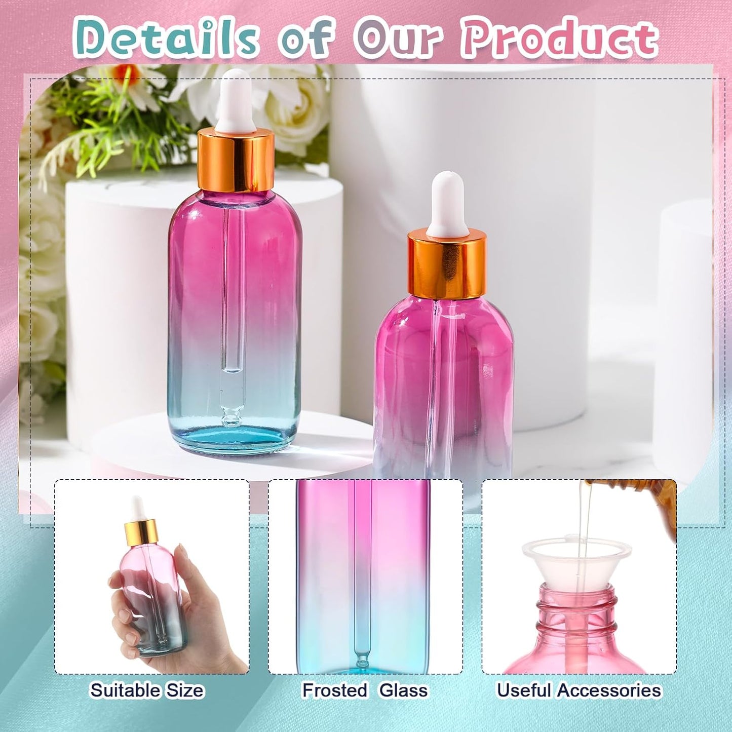 Dandat 50 Pack 4 oz Glass Dropper Bottles Leakproof 120 ml Glass Tincture Bottles with Eye Droppers, 4 Funnels, 54 Labels for Essential Oil Perfumes Hair Oil(Pink Blue Gradient)
