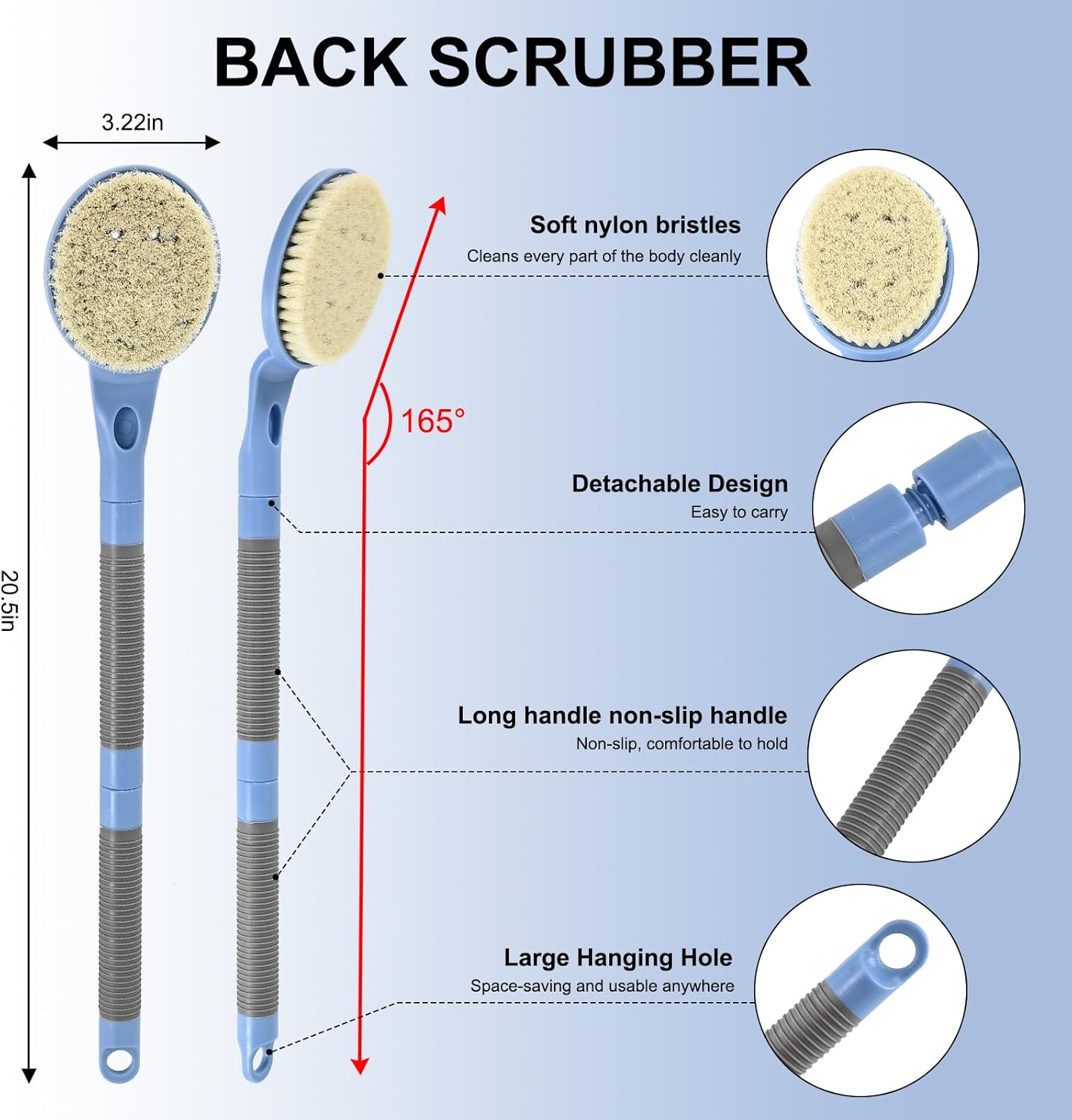 Back Scrubber Anti Slip for Shower, 21.7” Detachable Back Bath Brush for Shower, Back Scrubber, Exfoliation and Improved Skin Health for Elderly with Limited Arm Movement, Disabled (21.7” Blue)