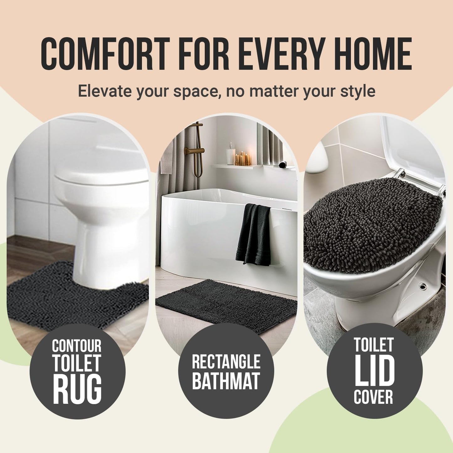 ITSOFT 3pc Non-Slip Shaggy Chenille Bathroom Mat Set, Includes 24 x 21 Inches U-Shaped Contour Toilet Rug, 34 x 21 Inches Bathmat and 1 Toilet Lid Cover, Chocolate Brown