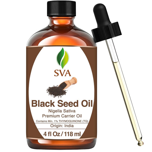 SVA Black Seed Oil - 4 Fl Oz – 100% Natural Cold Pressed Black Seed Oil - for Face, Skin Care, Hair Care, Scalp Massage & Body Massage – Carrier Oil with Dropper