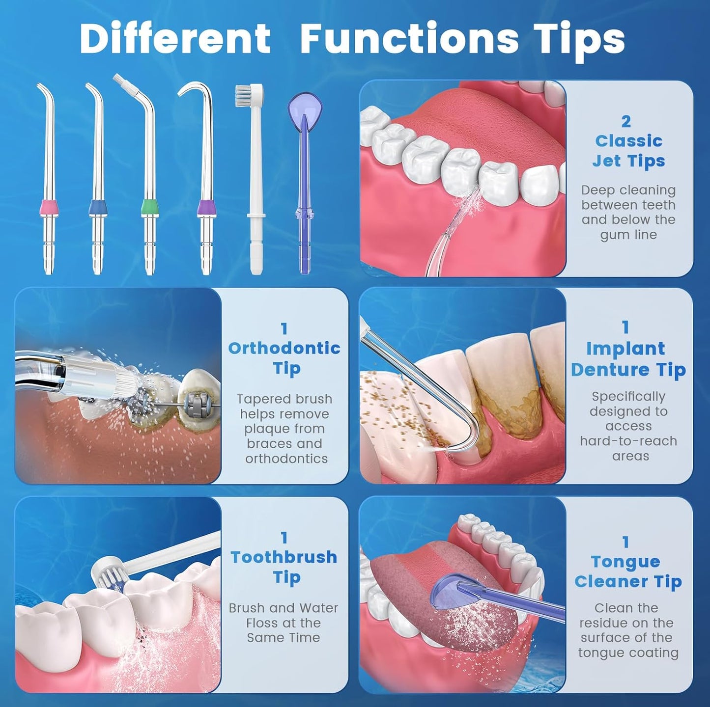 Replacement Tips for Waterpik, Water Flosser Replacement Heads Parts for Waterpik Oral Irrigator (Aquaflosser 6 Tips Tongue Combo & Storage Case Bundle)