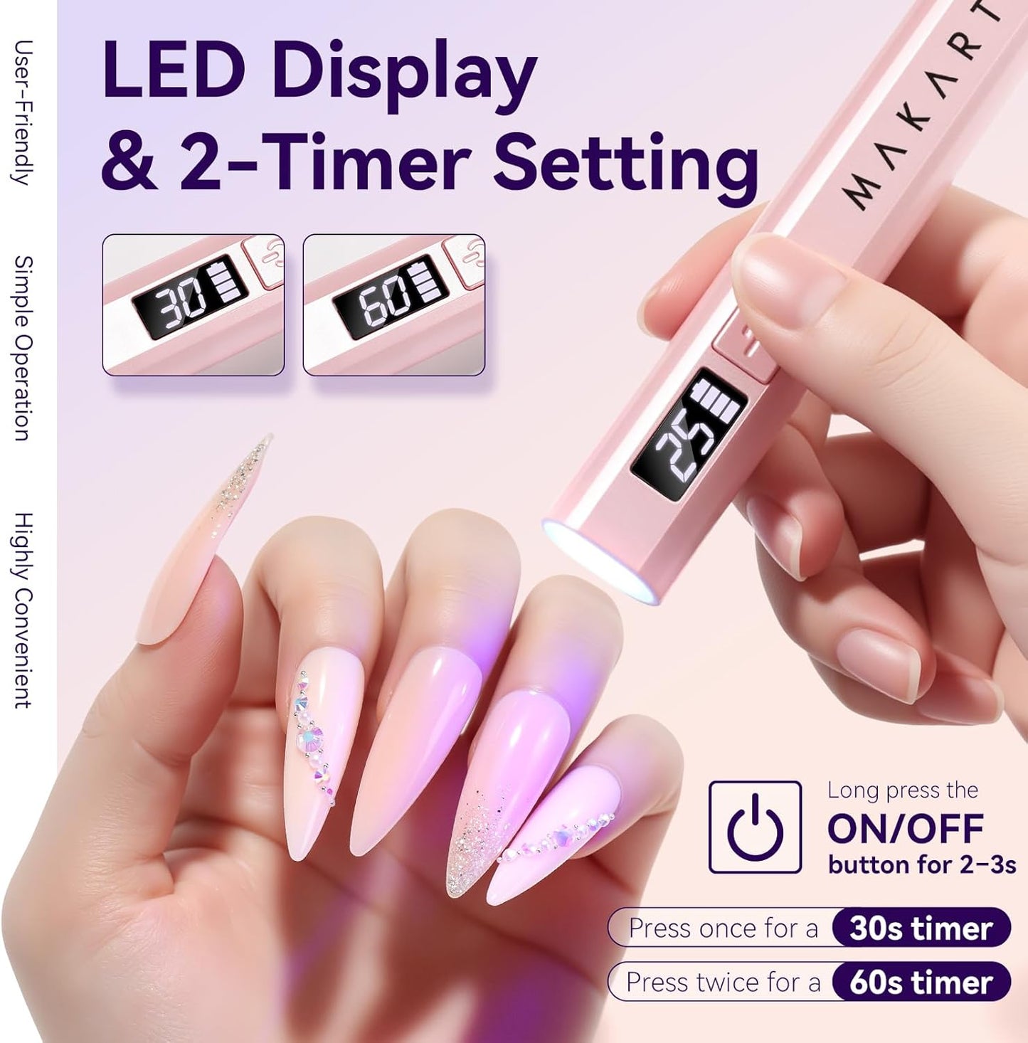 Makartt Handheld UV Light for Gel Nails - Portable Mini UV LED Nail Lamp Lumière Nail Dryer Fast Drying for Curing Nail Art Polish Rechargeable USB Nail Light with LCD 2 Timer for DIY Salon (Pink)