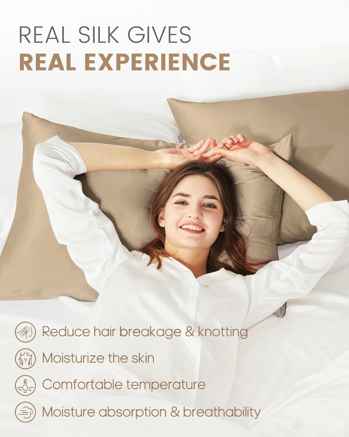 THXSILK Set of 2 100% Mulberry Silk Pillowcase for Hair and Skin, Grade 6A+ Mulberry Silk Pillow Cases Ultra-Soft, Hypoallergenic Pillow Case Cover with Zipper (Queen 20"x30", Taupe)